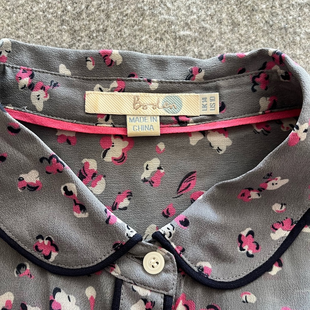 Boden Gray Floral Button-Down Top with Pink Accents